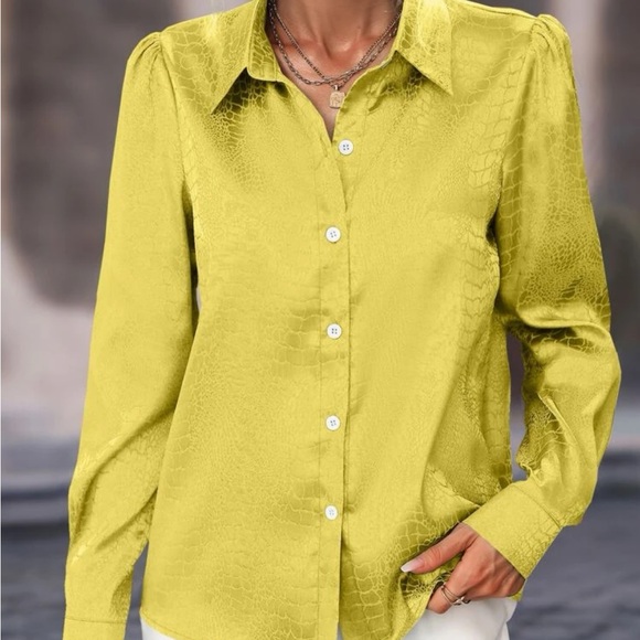 Luxe jacquard button down satin blouse - Picture 3 of 16